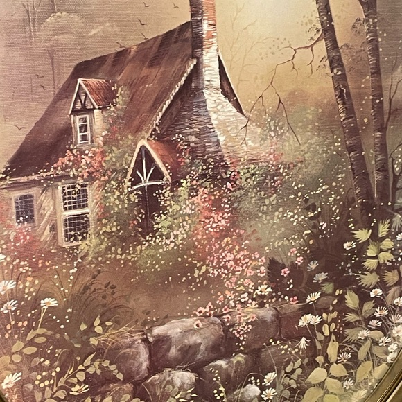 Vintage Cottage Scene Oval Framed Art - Picture 2 of 3